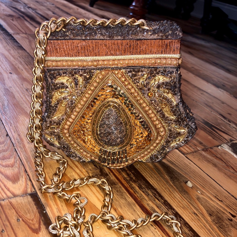 Mary Frances Gold and Brown Beaded crossbody purse